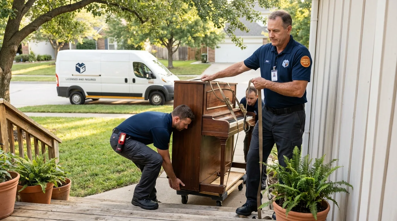 Licensed piano movers securing grand piano in Gray, LA