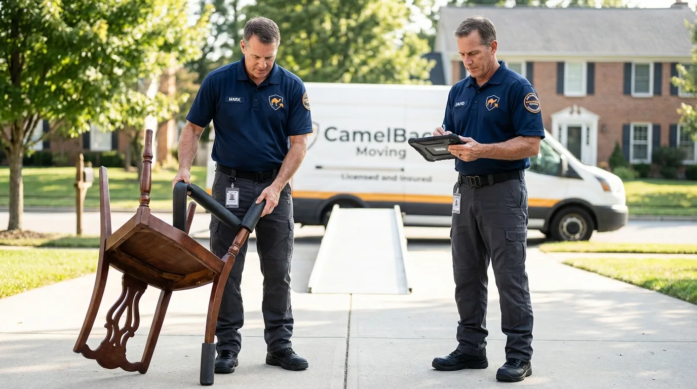 Movers inspecting furniture for damage prevention before loading in Gray, LA